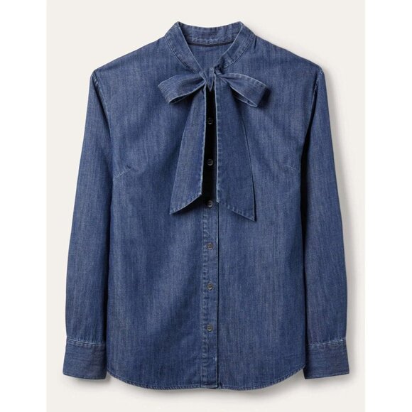 BODEN Fiona Indigo Cotton Denim Tie Neck Button Down Shirt Top, Size 12 - Picture 6 of 15